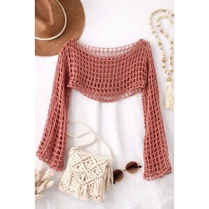 Handmade Crochet Mesh Crop Top Shawl Dusty Rose Open Knit Boho